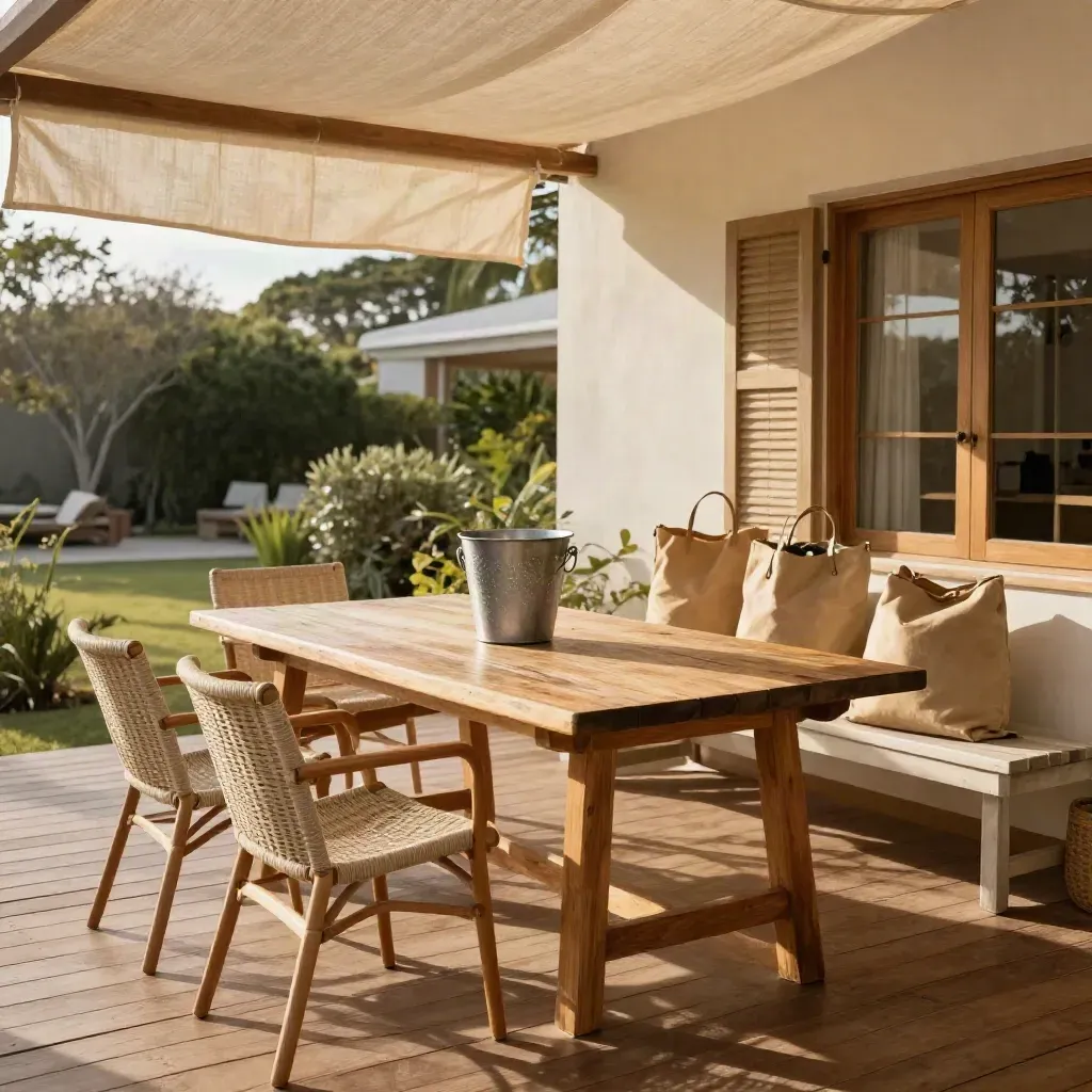 Veranda di bungalow con tavolo comune, sedie leggere, secchiello ghiaccio e tre borse mare allineate