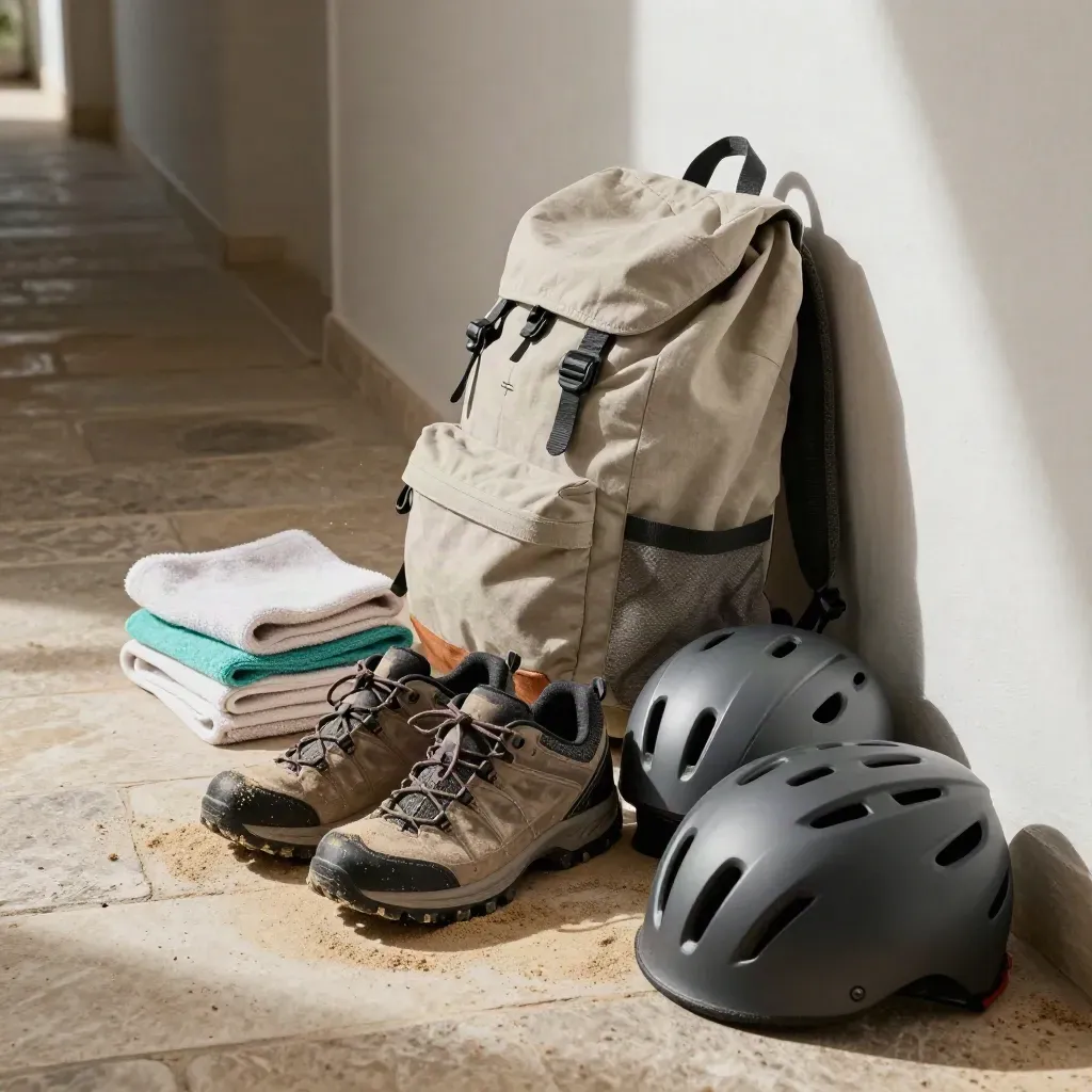 Ingresso del villaggio con scarpe da trekking, teli mare, zaino e caschi bici pronti per la prossima uscita.