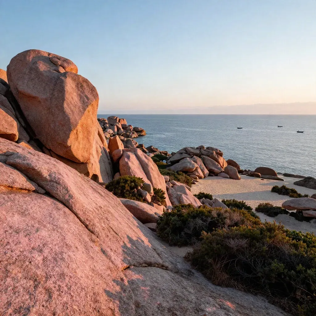 Insenatura granitica della Costa Smeralda all’alba, mare quieto, scogli rosa e barche lontane.