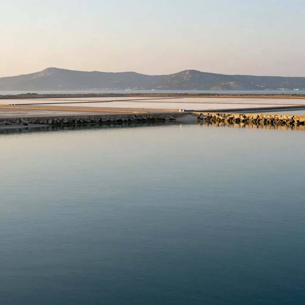 Panorama calmo del Golfo di Olbia con acqua piatta, saline lontane e colline morbide.